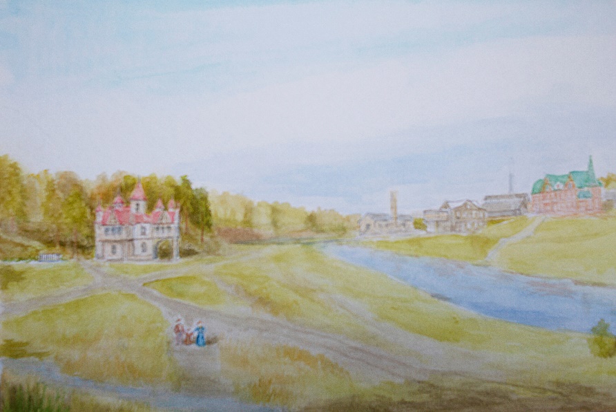 Рисунок Валерия Золотухина: вид на реку Коваш, усадьбу (слева) и Калищенский стекольный завод (справа)