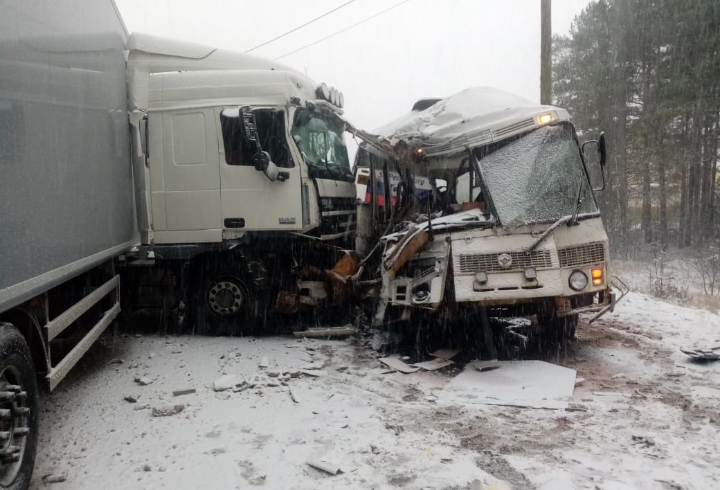 В Ленобласти на заснеженной трассе разбились автобус и грузовик. Погиб человек