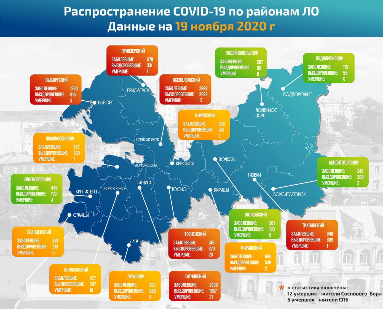 В каких районах Ленобласти зарегистрированы заболевания коронавирусом к 19 ноября. Карта