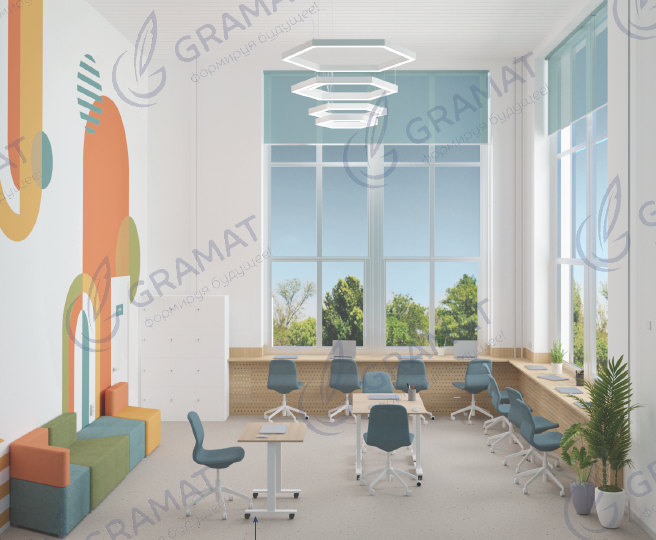 Эскизная визуализация оформления коворкинг-центра на базе МЦ «Диалог» / Иллюстрация: Компания «GRAMAT»