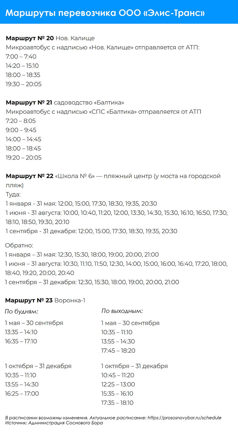 Обновилось расписание автобусных маршрутов № 20, 21, 22 и 23 в Сосновом Бору