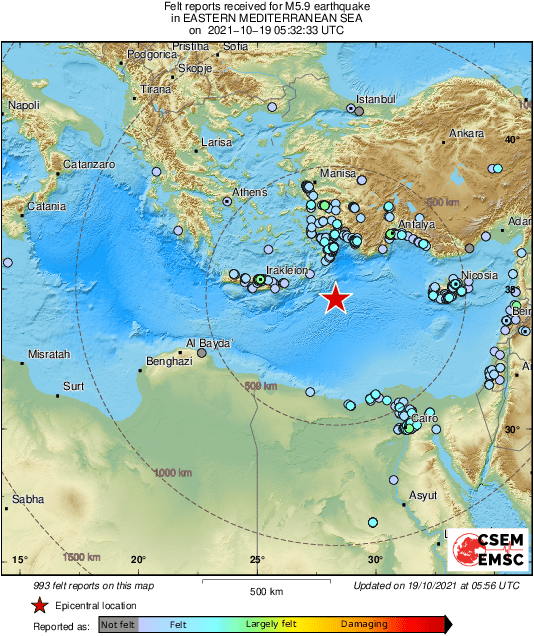 В Средиземном море между Кипром и Критом произошло сильное землетрясение