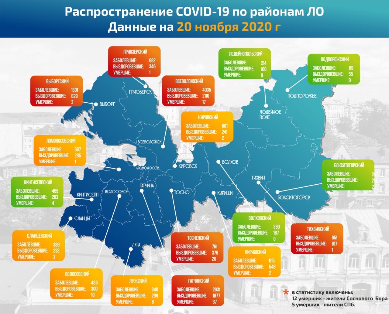 В каких районах Ленобласти зарегистрированы заболевания коронавирусом к 20 ноября. Карта