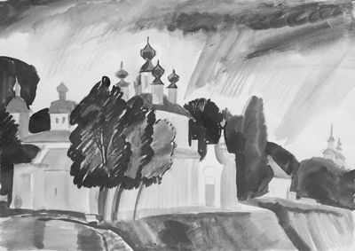Е. Шестернина, «Дождь в летнюю ночь. Великий Устюг. Прокопьевская церковь», бумага, тушь, кисть. 2010 год.