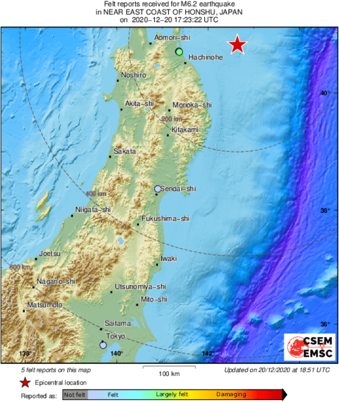 У берегов Японии произошло землетрясение магнитудой 6,2