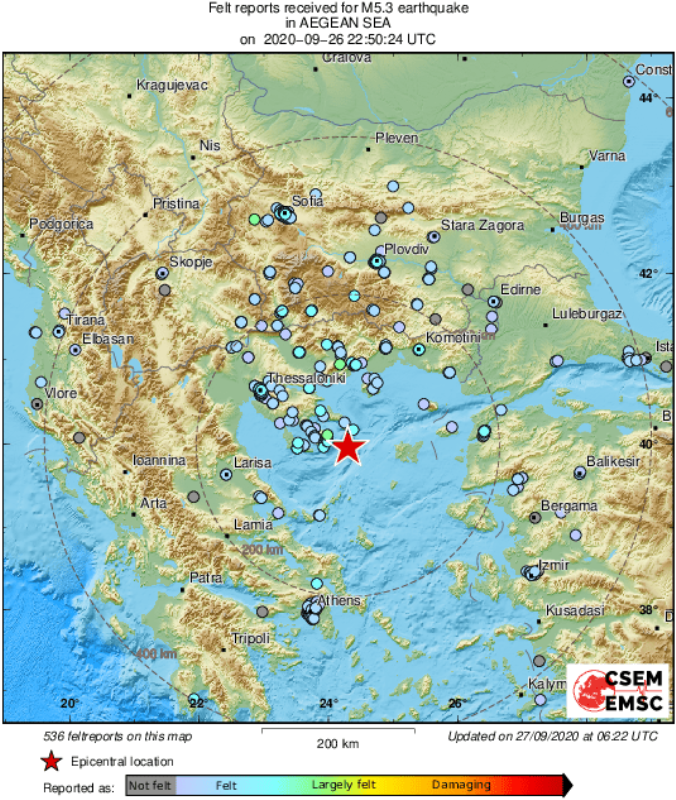 В Эгейском море произошло землетрясение магнитудой 5,3