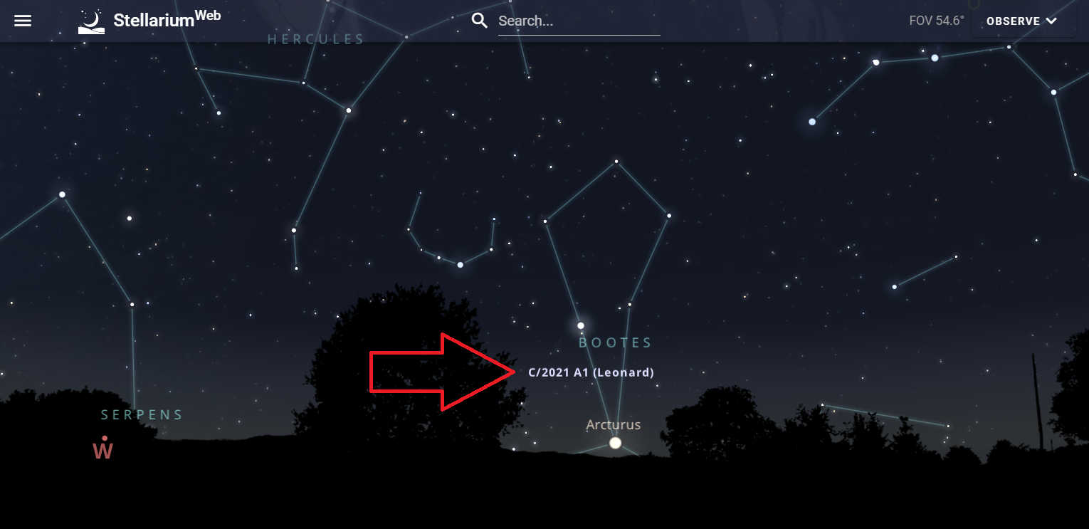 Местоположение кометы можно определить с помощью сервиса Stellarium-web. Сейчас она находится в районе созвездия Волопас