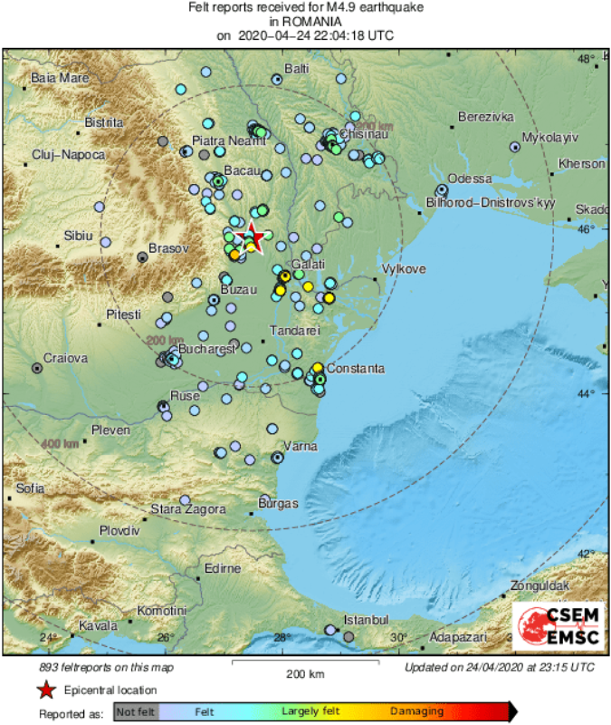 В Румынии ночью 25 апреля произошло землетрясение 