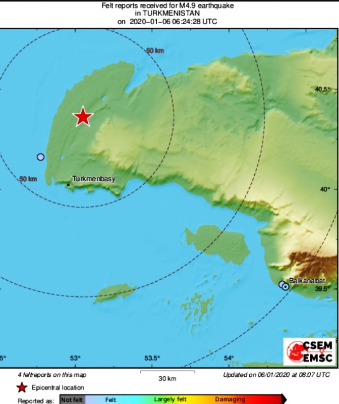 На берегу Каспийского моря   произошло землетрясение магнитудой 4,9